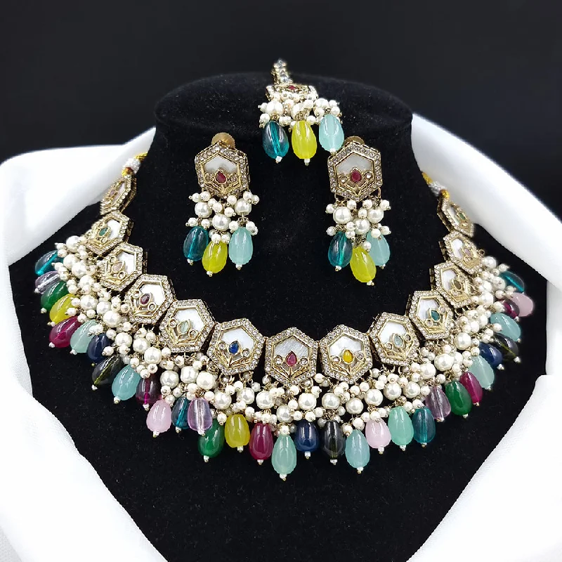 Colorful Glass Necklace-JCM Gold Plated Austrian Stone Beads And Pearls Necklace Set