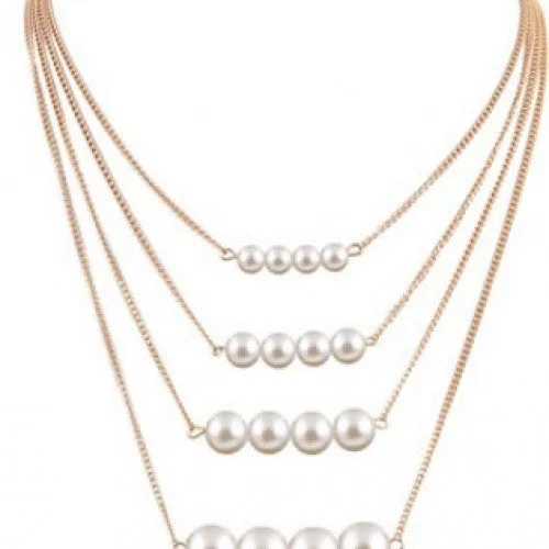 Double Chain Necklace-Alloy Plated Gold Big White Pearl Neckalce - Multilayer Link Chain NecklaceAlloy Plated Gold Big White Pearl Neckalce - Multilayer Link Chain Necklace