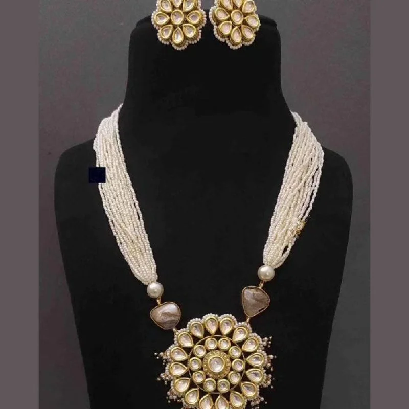 Personal Name Necklace-FS Collection Gold Plated Kundan Stone And Pearls Long Necklace Set