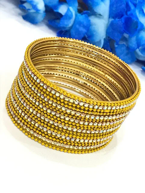 Bridal Bangle Set with Pearls-Attractive Yellow Color Bangles With White Stone For Women