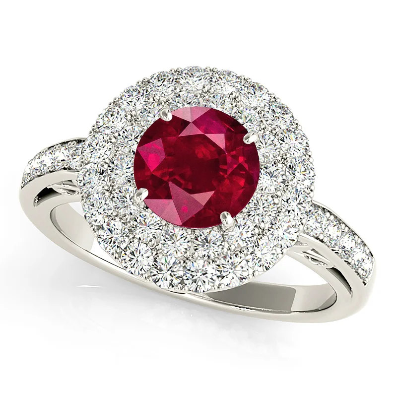 Unique Silver Wedding Ring-1.35 ct. Genuine Ruby Ring With 3 D Halo and Hand Carved Diamond Band