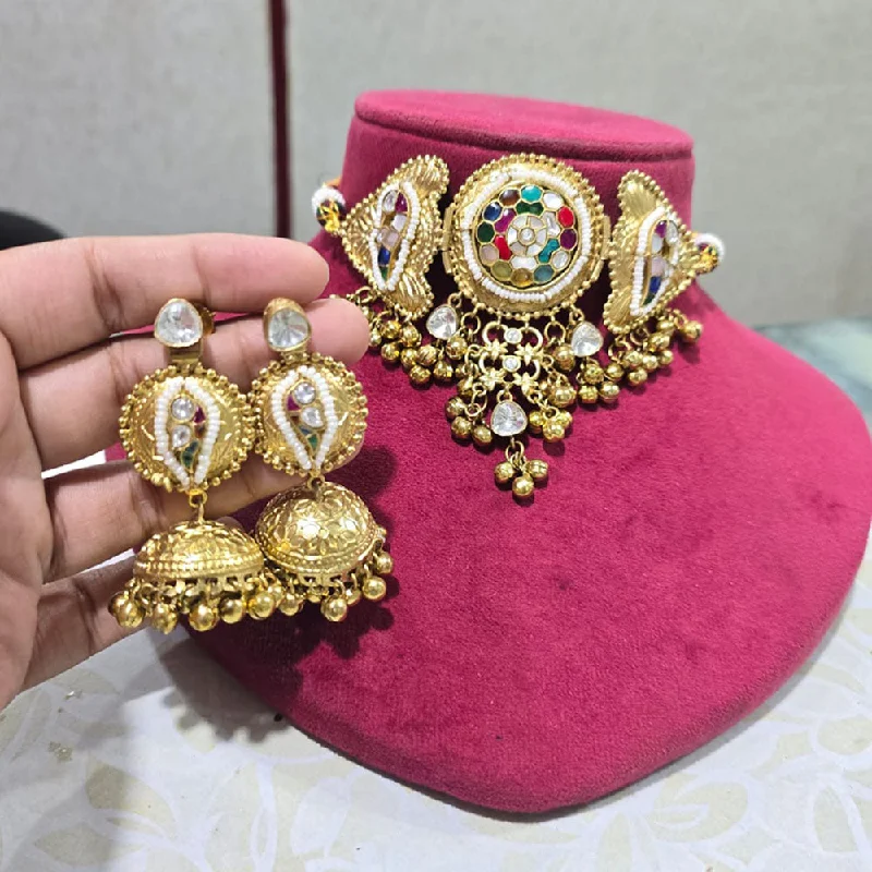 Custom Diamond Necklace-JCM Gold Plated Kundan Stone And Pota Stone Pearls Choker Necklace Set