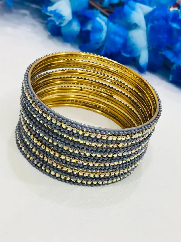 Modern Diamond Bangles-Graceful Gray Color Stone Design Metal Bangles