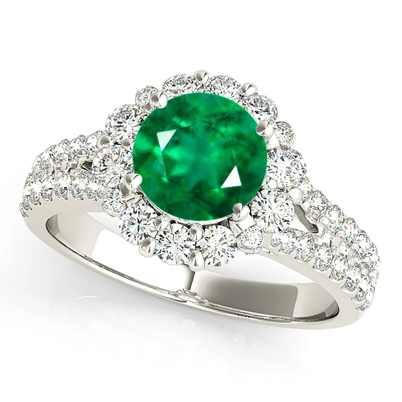 Diamond Solitaire Ring-1.75 ct. Genuine Emerald Split Shank Halo Ring With Side Diamonds