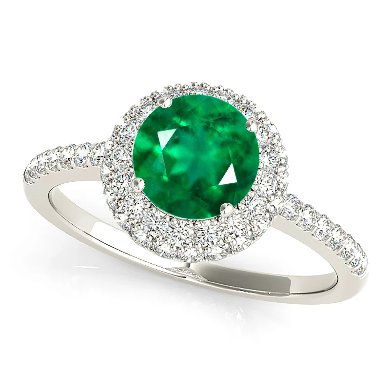 Elegant Gemstone Ring-1.15 ct. Genuine Emerald Ring With Halo And Delicate Diamond Band