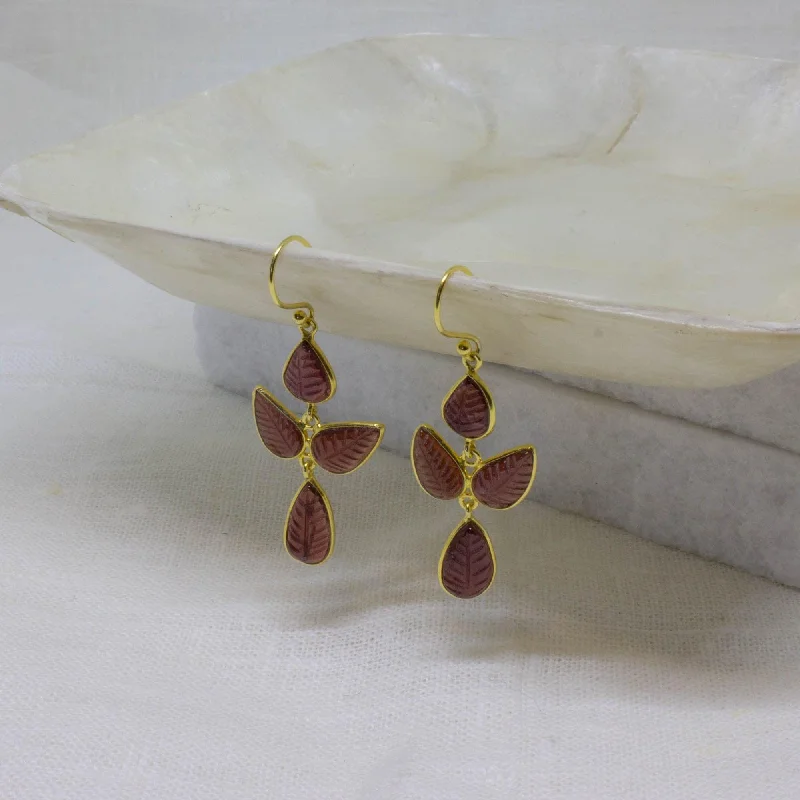 Opal Earrings-18ct Gold Vermeil Carved Garnet Leaf Drop Earrings