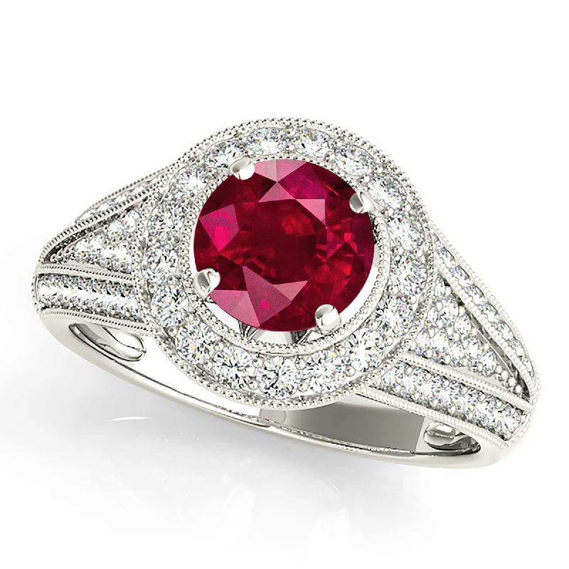 Silver Heart Ring-1.35 ct. Genuine Ruby Ring With Milgrain Halo With Graduating Diamond Band