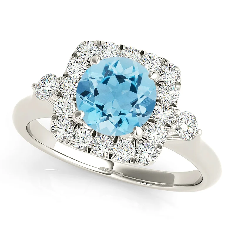 Simple Gemstone Wedding Ring-2.00 ct.Genuine Aquamarine Ring With Cushion Halo And Side Accent Diamonds