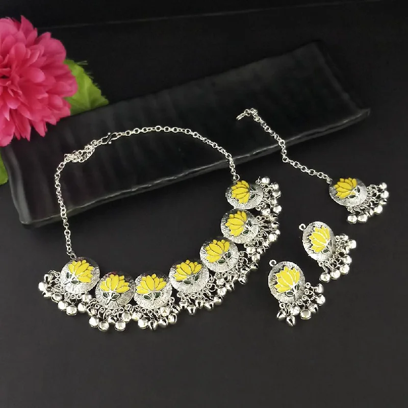 Statement Necklace for Bridesmaids-Kriaa Oxidised Plated Yellow Meenakari Necklace Set With Maang Tikka - 1116015F