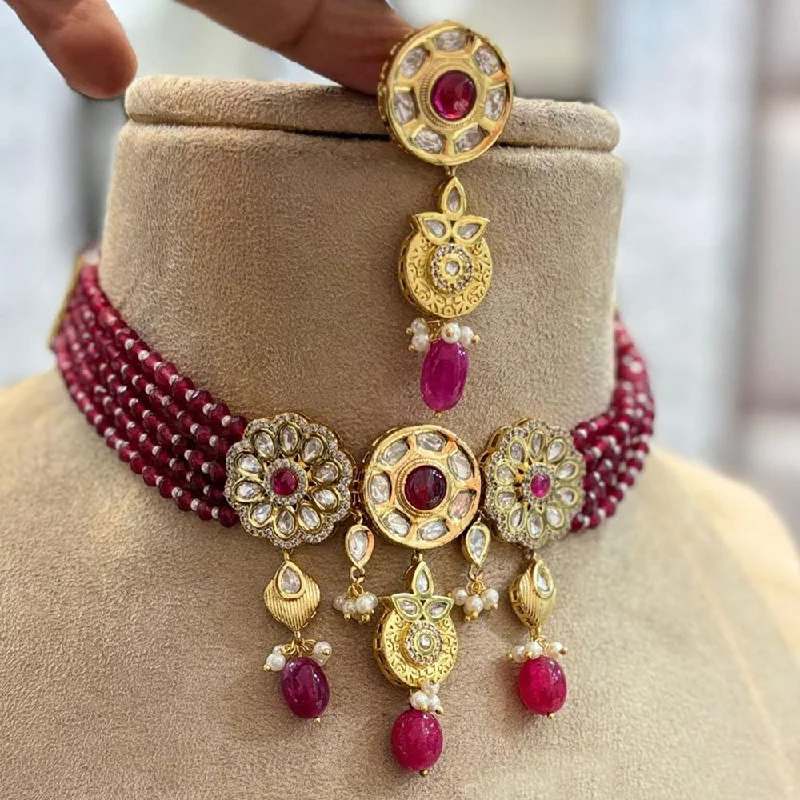 Trendy Chain Necklace-Jewel Addiction Gold Plated Kundan Stone And Pearls Choker Necklace Set