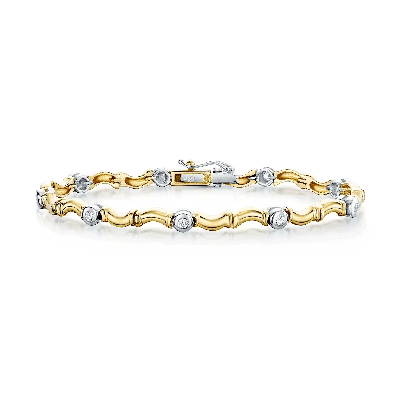 Personalized Tennis Bracelets-18ct Yellow & White Gold Rub Over Set Curved Bar Link Bracelet