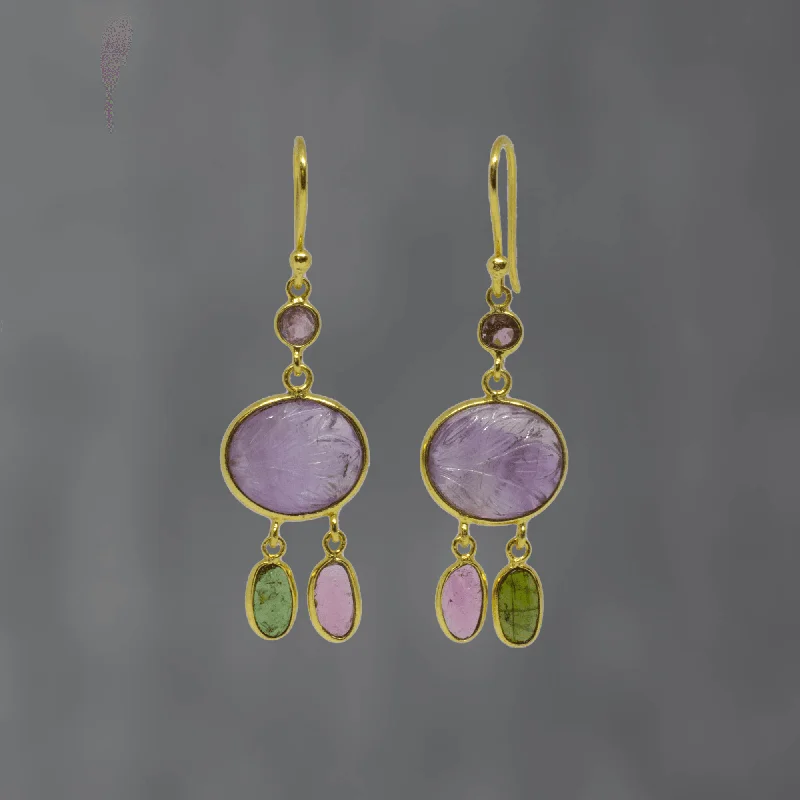 Silver Dangle Earrings-18ct Gold Vermeil Carved Amethyst and Tourmaline Earrings