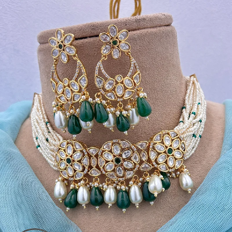 Elegant Gold Leaf Necklace-Jewel Addiction Gold Plated Polki Kundan Stone And Pearls Choker Necklace Set