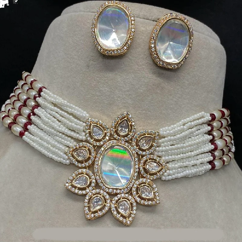 Vintage Gold Necklace-Shagna Gold Plated Polki Kundan And Pearls Choker Necklace Set