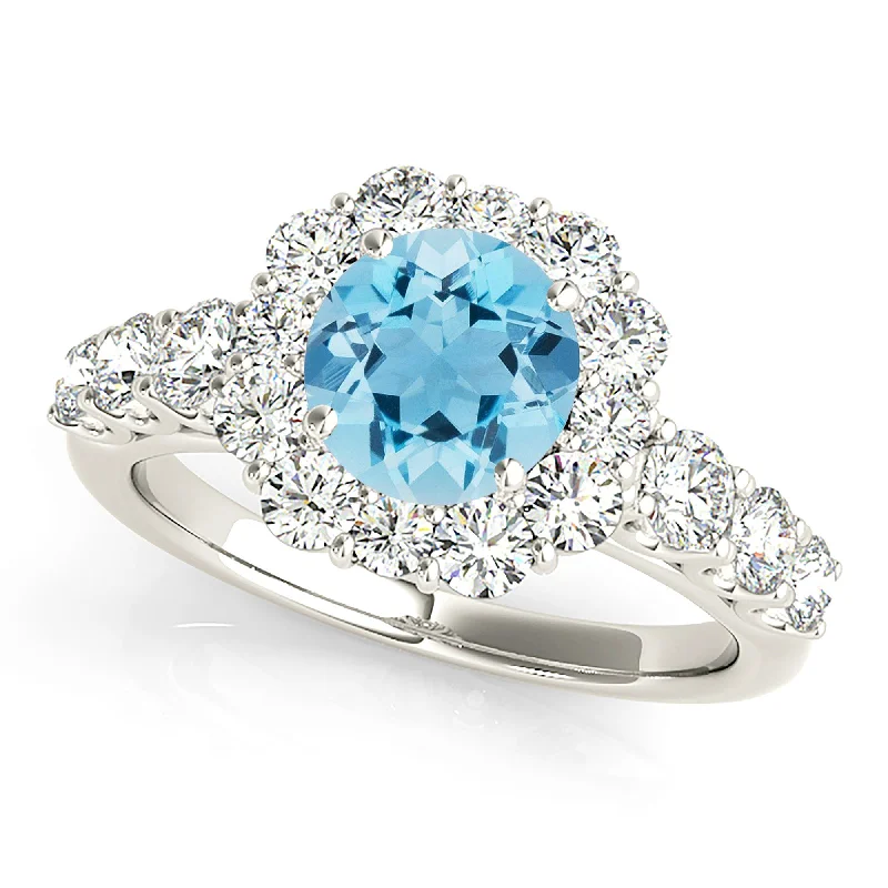 Designer Rose Gold Ring-1.10 ct. Genuine Aquamarine Ring With  Floral Halo And Fancy Diamond Band