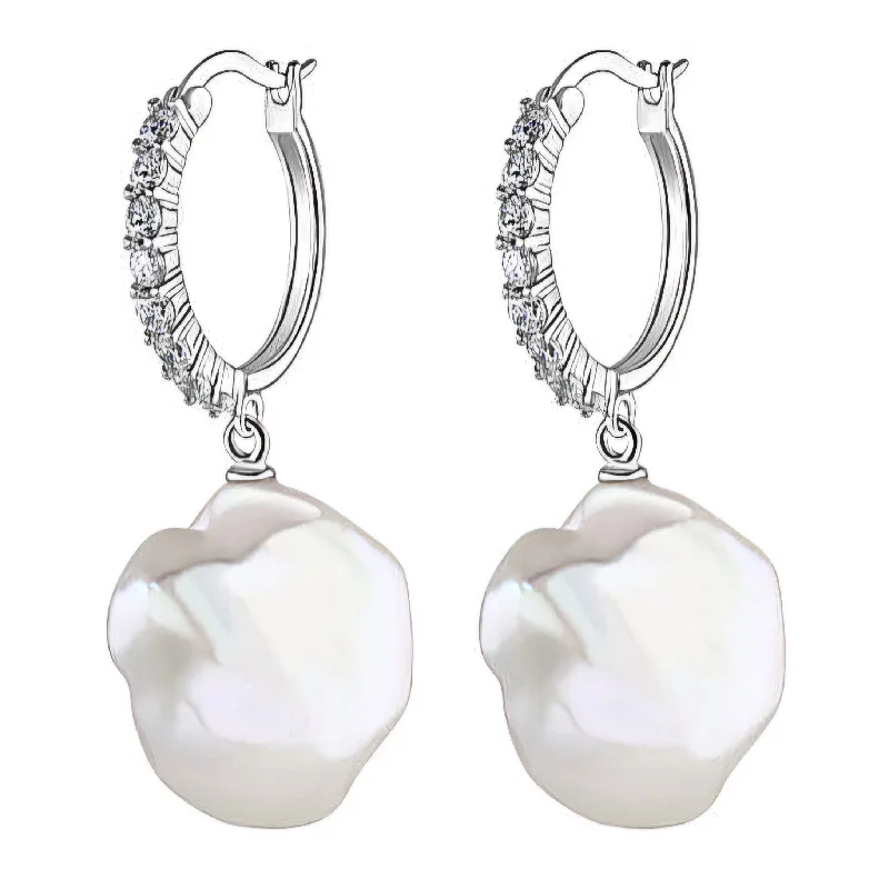 Vintage Inspired Earrings-White Baroque Pearl CZ Set Hoop Earrings