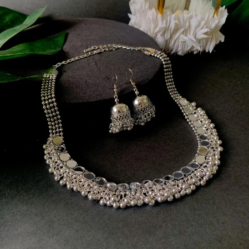 Silver and Gold Necklace-Etnico Ethnic Silver Oxidised Mirror Work Ghungroo Necklace Jewellery With Jhumka Earrings Set For Women/Girls (MC159OX)