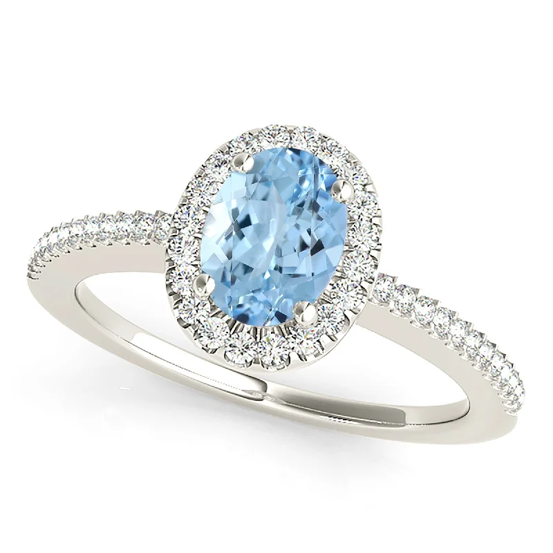 Romantic Heart Ring-1.00 ct. Genuine Oval Aquamarine Ring With Halo and Delicate Diamond Band