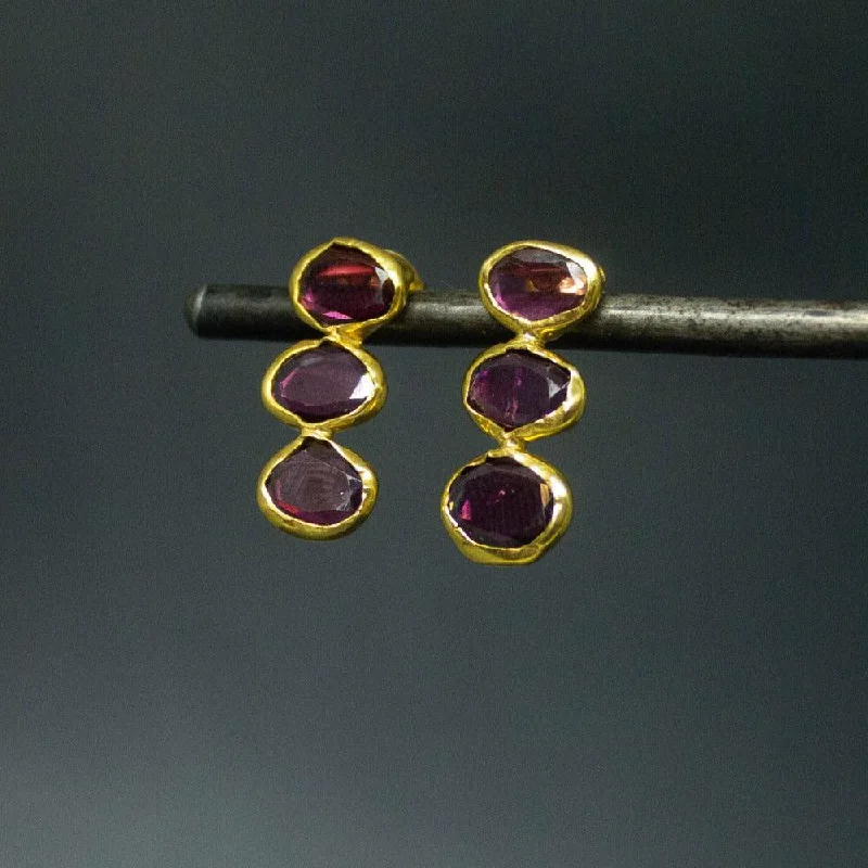 Bridal Hoop Earrings-Gold Triple Faceted Garnet Organic Stud Earrings