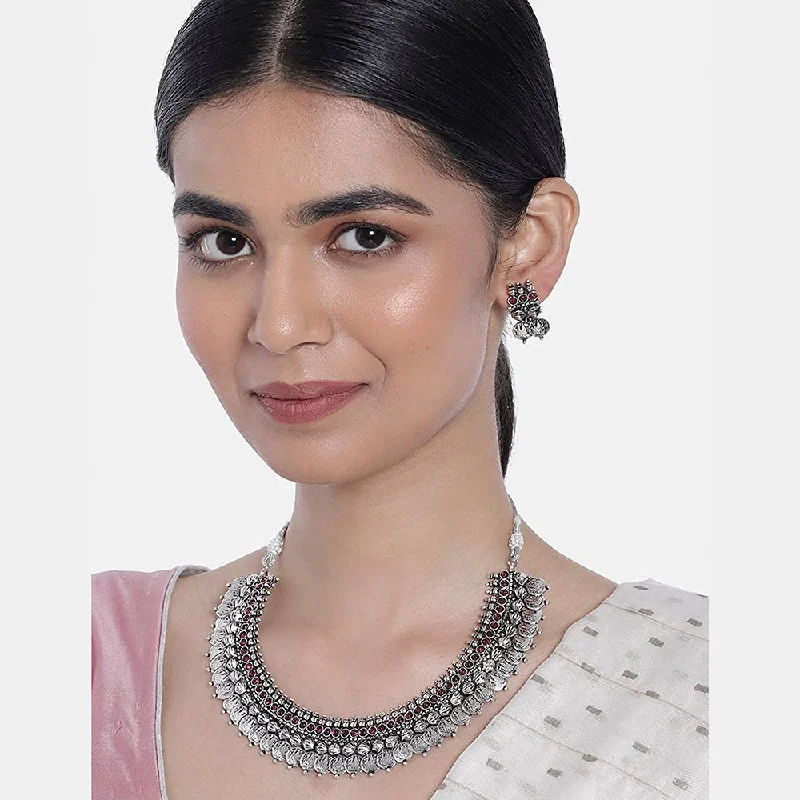 Pearl and Diamond Necklace-Etnico 18K Silver Oxidised Traditional South Indian Style Coin Necklace With Earrings For Women & Girls (MC062ZQ)