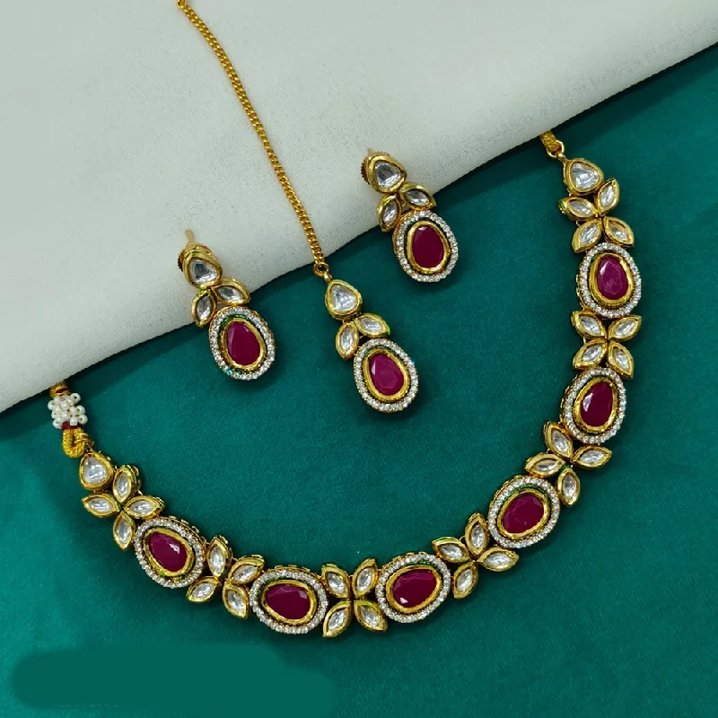 Colorful Gemstone Pendant Necklace-Royal Kundan Jewellery Gold Plated Kundan Stone Necklace Set