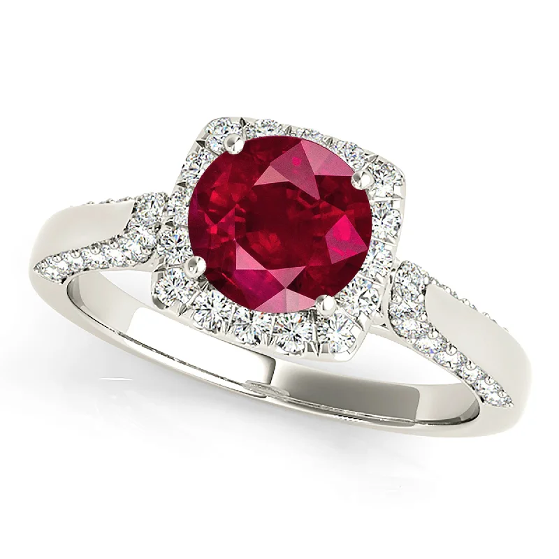 Stackable Silver Ring-1.80 ct. Genuine Ruby Ring With Halo And Side accent Side Diamonds