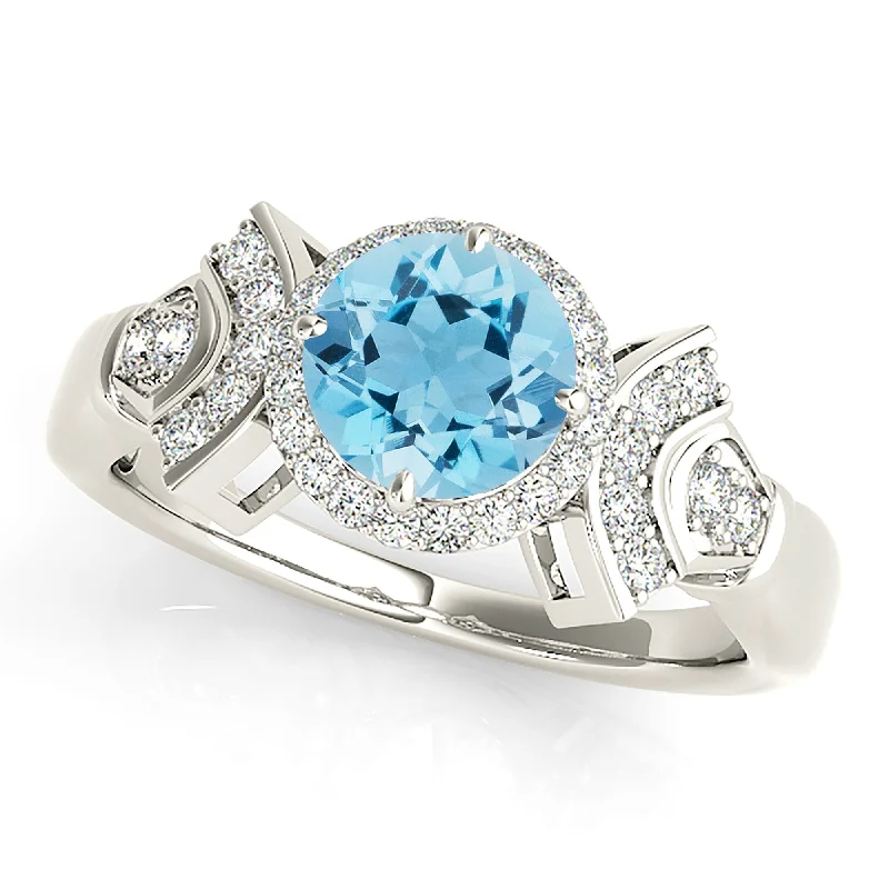 Gemstone Wedding Ring-1.65 ct. Genuine Aquamarine Ring With Halo And Fancy Diamond Band