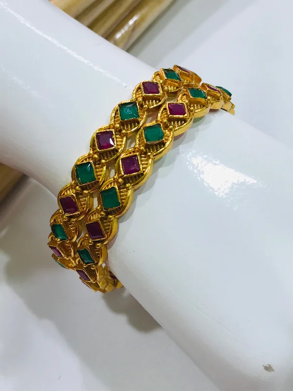 Cuff Bangles for Women-Beautiful Matte Finished Antique Gold Bangle Set With Emerald And Ruby Stones