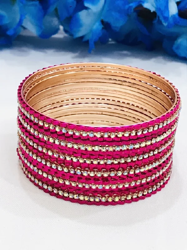 Colored Glass Bangle Set-Amazing Rani Pink Color Designer Party Wear Metal Bangles For Women