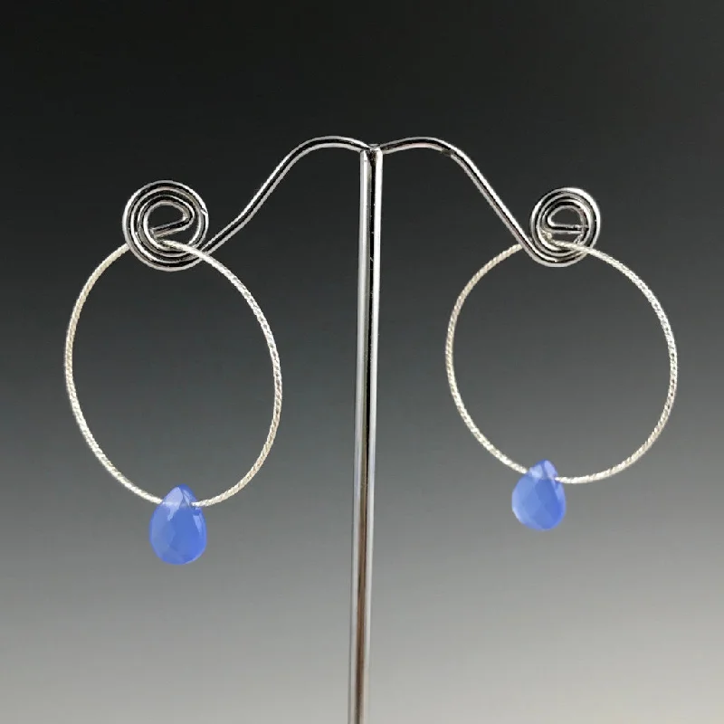 Personalized Birthstone Earrings-The Hoop- Silver Blue Agate Drop