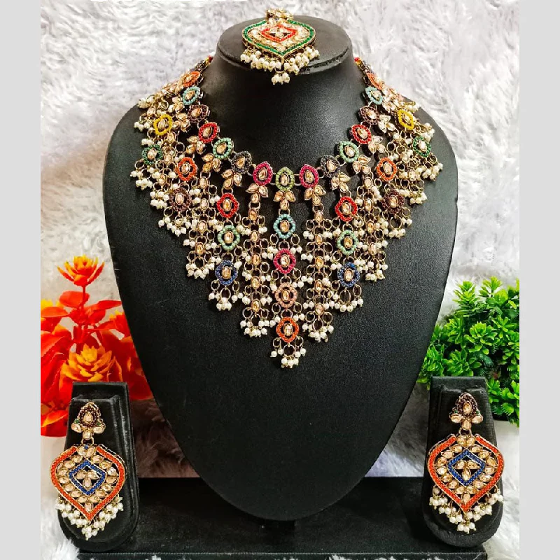 Custom Birthstone Jewelry Necklace-Rudraksh Art Gold Plated Crystal Stone And Pearls Necklace Set