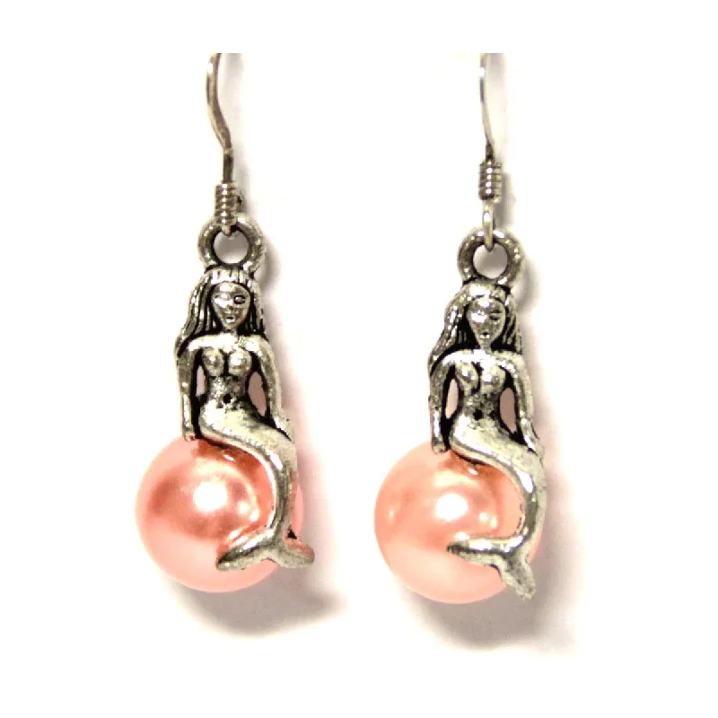 Long Statement Earrings-Mermaid on a Pink Pearl Earrings