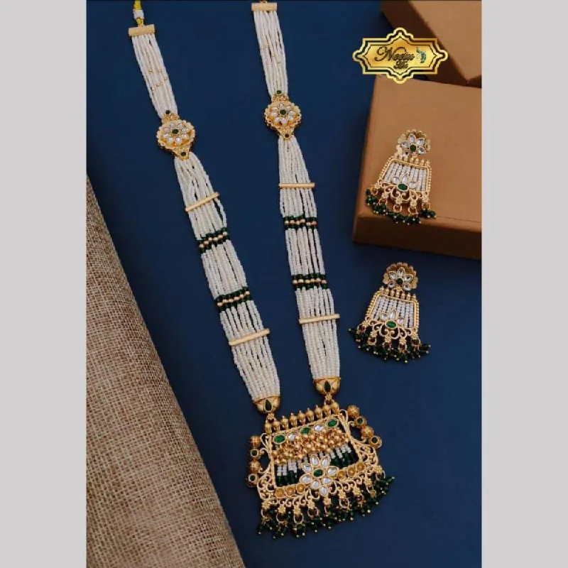 Gold Pendant Necklace-Neetu Art Gold Plated Pota Stone And Pearl Long Necklace Set