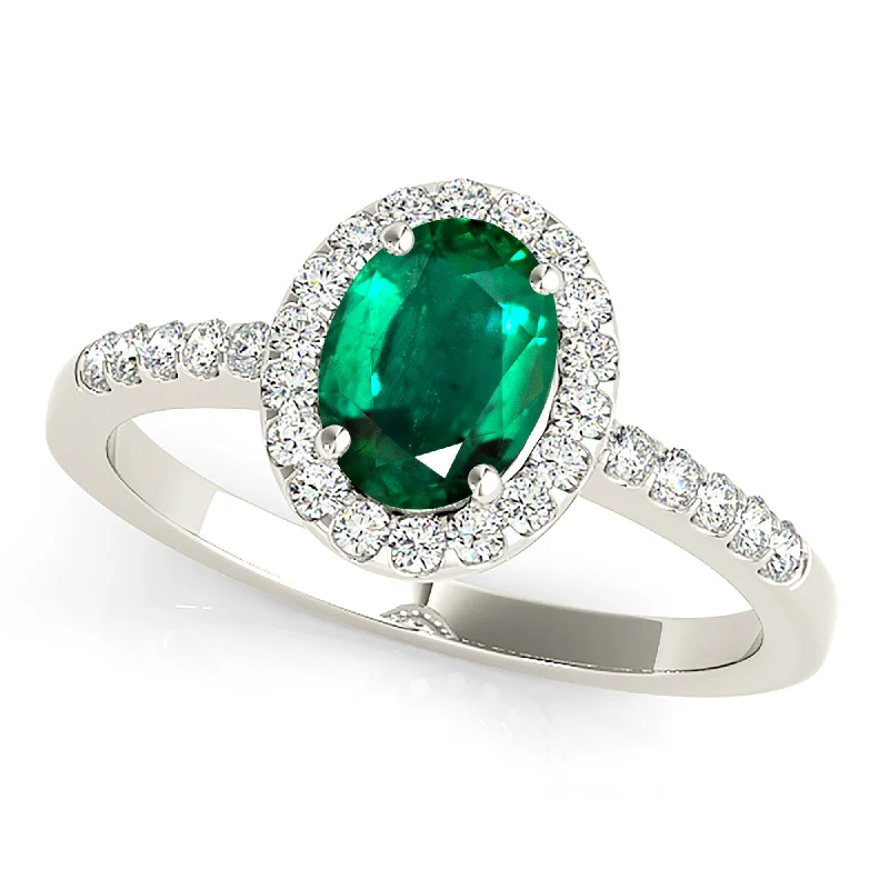 Simple Silver Ring-1.30 ct. Genuine Oval Emerald With Halo, Filigree Basket