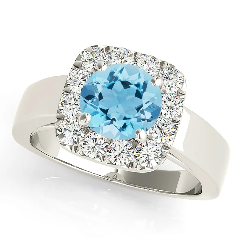 Handmade Promise Ring-2.00 ct. Genuine Aquamarine Ring With Cushion Halo And Solid Gold Wide Band