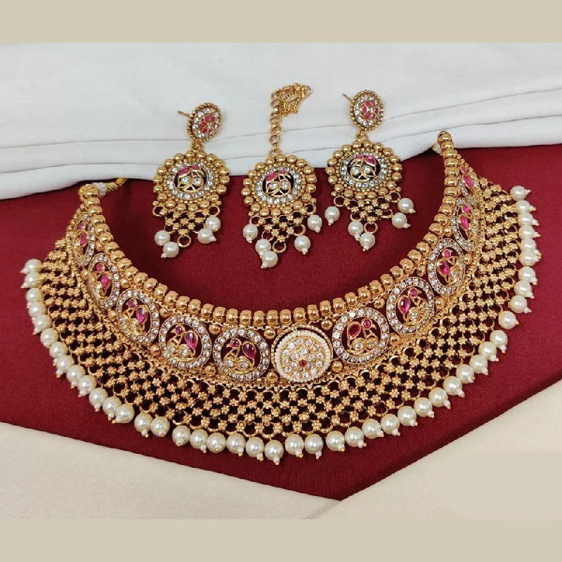 Choker Necklace for Women-Manisha Jewellery Gold Plated Pota Stone And Pearls Choker Necklace Set