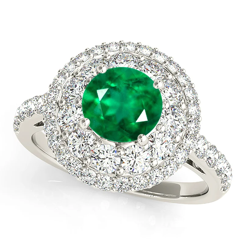 Elegant Diamond Wedding Ring-1.15 ct. Genuine Emerald Engagement Ring With Double Row Halo