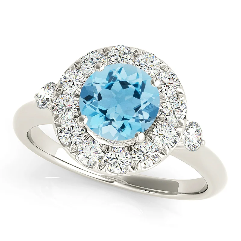 Silver Wedding Ring-1.10 ct. Genuine Aquamarine Ring With  Halo And Two Side Round Diamonds