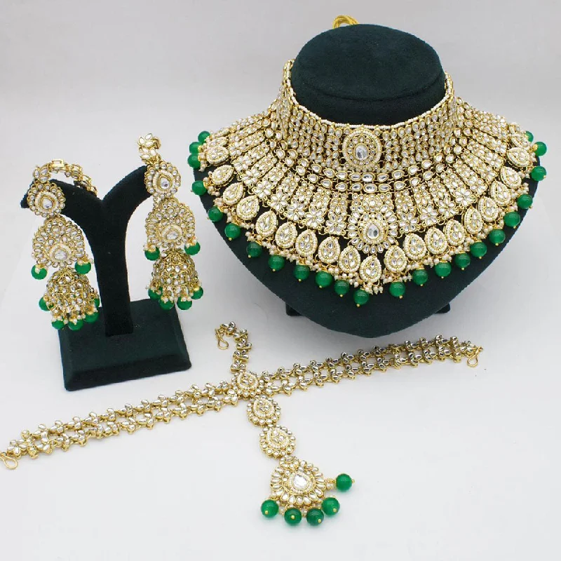 Elegant Turquoise Necklace-India Art Gold Plated Kundan Stone And Beads Choker Necklace Set