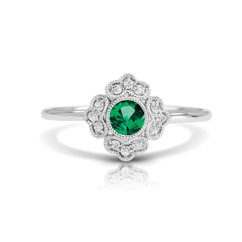 Chic Silver Cocktail Ring-Vintage Inspired Natural Emerald Ring With Diamonds