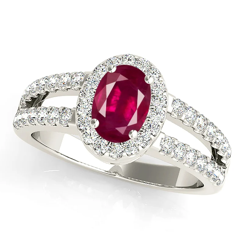 Dainty Gold Ring-2.10  ct. Genuine Oval Ruby Ring With Halo And Diamond Split Shank