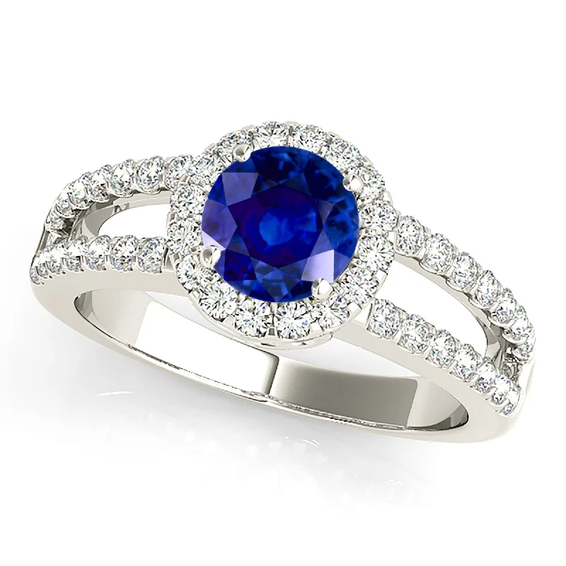 Gemstone Stacking Ring-1.45 ct. Genuine Blue Sapphire Split Shank Halo Ring