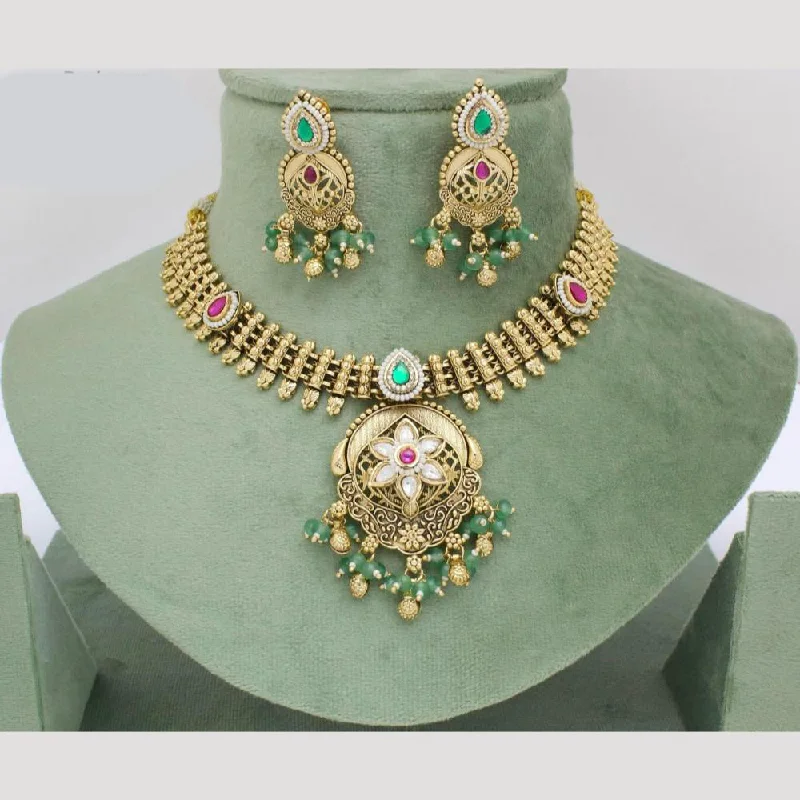 Bridal Wedding Necklace-Manisha Jewellery Gold Plated Pota Stone And Pearls Necklace Set