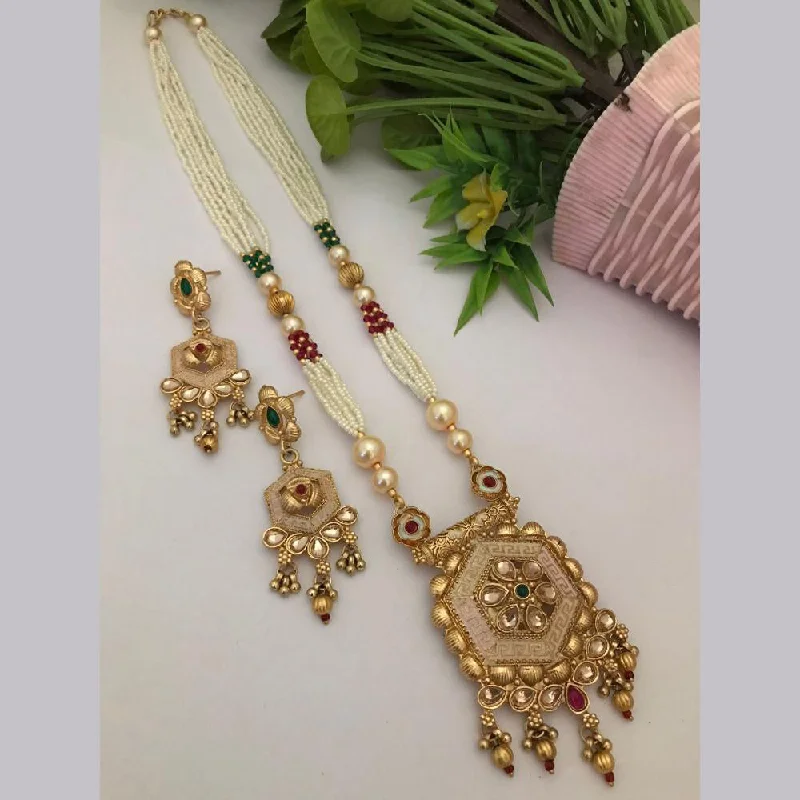 Vintage Pearl Necklace-FS Collection Gold Plated Pota Stone And Pearls Long Necklace Set