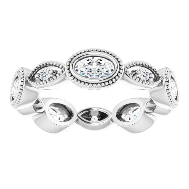 Large Statement Ring-Vintage Style 1.17 ct. Oval & Round Diamond Eternity Band Milgrain Accent Wedding Ring