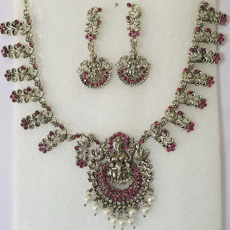 Luxury Pearl Necklace-Shreeji Oxidised Plated Pota Stone Necklace Set