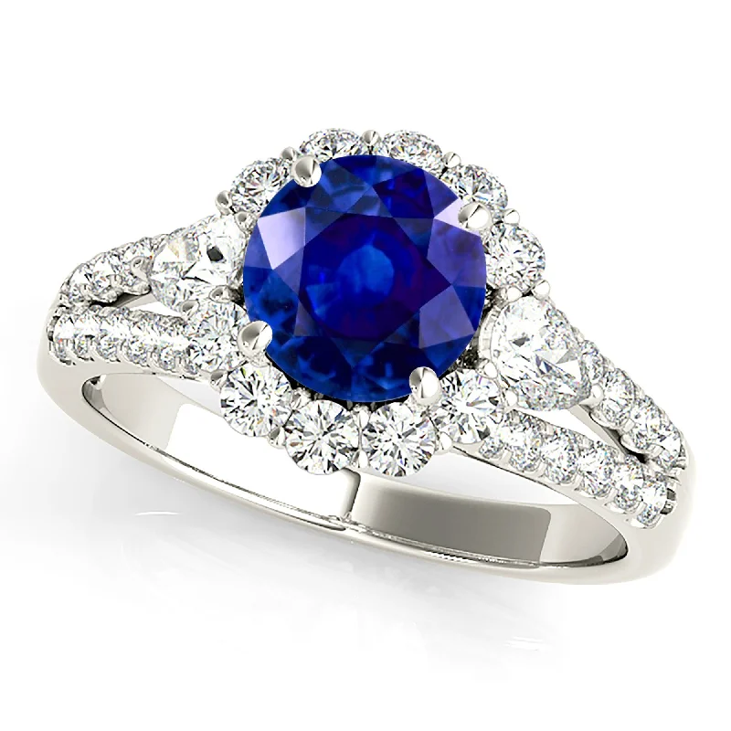 Matching Couple Rings-1.35 ct. Genuine Blue Sapphire Split Shank Halo Ring