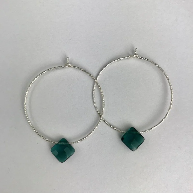 Layered Gemstone Earrings-Silver Hoop Teal Drop Earrings - L