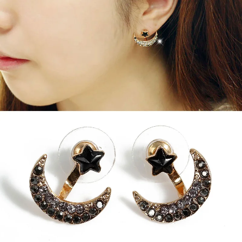 Geometric Hoop Earrings-Sexy Sparkles Ear Jacket Stud Half Moon Gold Plated with Gray & Black Rhinestone Earrings Back Ear Cuffs Stud Earring