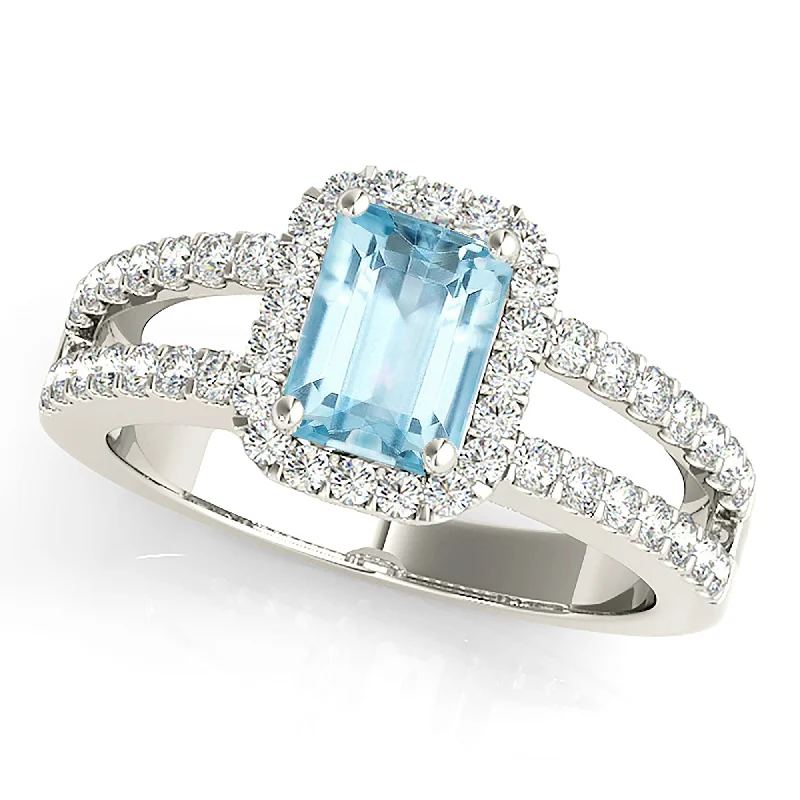 Multi-Stone Engagement Ring-1.00 ct. Genuine Emerald Cut Aquamarine Ring With Halo